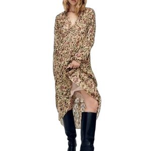 Zara Printed Boho Metallic Yarn Floral Midi Dress, Cream Tan Gold size M